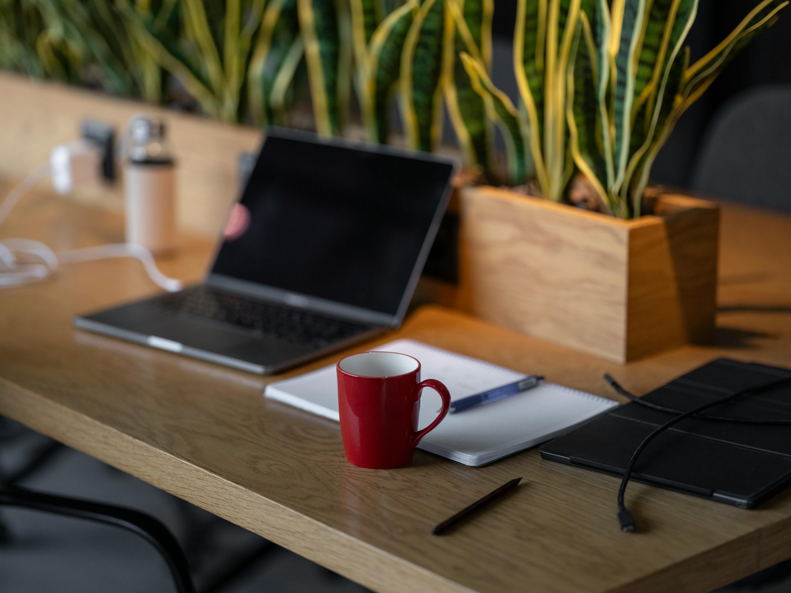 Minimal desk workspace with laptop, notebook, pen, coffee cup, and small plant – Winrose World SEO studio.